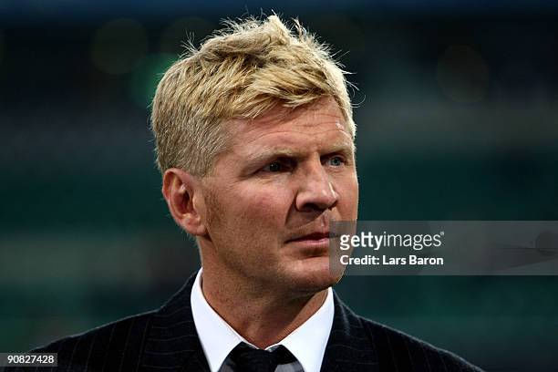 Expert and former player Stefan Effenberg is seen during the UEFA Champions League Group B match between VfL Wolfsburg and CSKA Moscow at the...