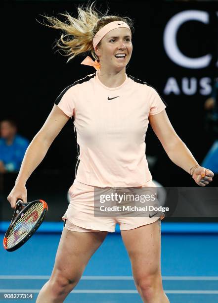 Elina Svitolina of Ukraine celebrates match point against Denisa Allertova of the Czech Republic on day seven of the 2018 Australian Open at...