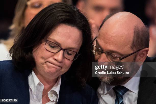 Martin Schulz , head of the German Social Democrats , and Andrea Nahles , head of the Bundestag faction of the German Social Democrats , react during...