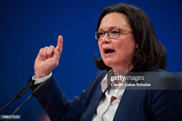 Andrea Nahles, head of the Bundestag faction of the German Social Democrats , speaks to delegates at the SPD federal congress on January 21, 2018 in...