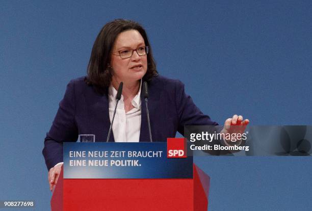 Andrea Nahles, caucus leader of the Social Democrat Party , speaks during a party conference in Bonn, Germany, on Sunday, Jan. 21, 2018. German...