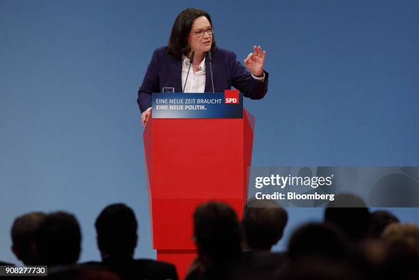 Andrea Nahles, caucus leader of the Social Democrat Party , speaks during a party conference in Bonn, Germany, on Sunday, Jan. 21, 2018. German...