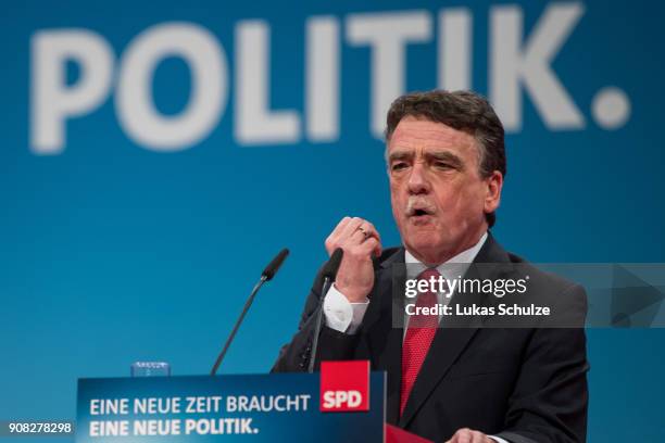 Michael Groschek, regional leader of Germany's social democratic SPD party in the western state of North Rhine-Westphalia, speaks to delegates at the...