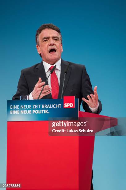 Michael Groschek, regional leader of Germany's social democratic SPD party in the western state of North Rhine-Westphalia, speaks to delegates at the...