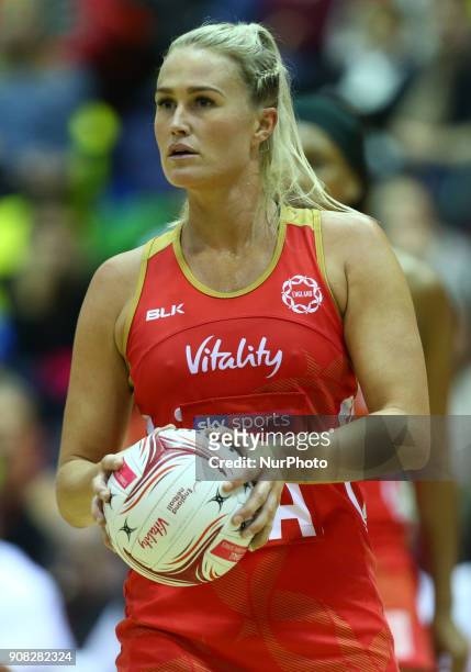 Chelsea Pitman of England Roses during Vitality Netball International Series, as part of the Netball Quad Series match between England Roses v New...