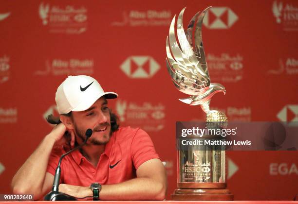 Tommy Fleetwood of England speaks to the media after we won during the final round of the Abu Dhabi HSBC Golf Championship at Abu Dhabi Golf Club on...