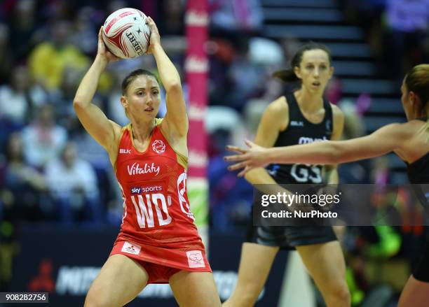 Jade Clarke of England Roses during Vitality Netball International Series, as part of the Netball Quad Series match between England Roses v New...