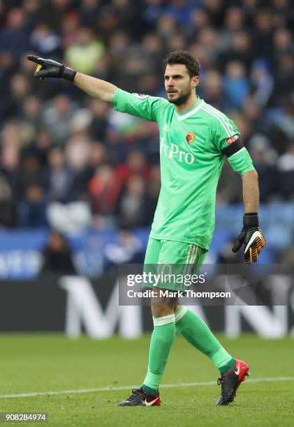 Orestis Karnezis of Watford in action during the Premier League match between Leicester City and Watford at The King Power Stadium on January 20,...