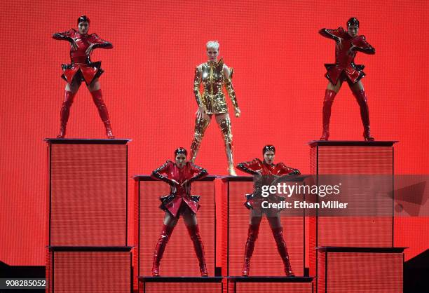 Singer/songwriter Katy Perry performs with dancers during a stop of Witness: The Tour at T-Mobile Arena on January 20, 2018 in Las Vegas, Nevada.