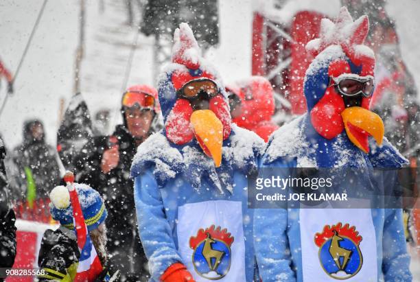 Spectators in cock costumes, fans of the Hahnenkamm race, walk through heavy snowfall as they watch the men's slalom event at the FIS Alpine World...