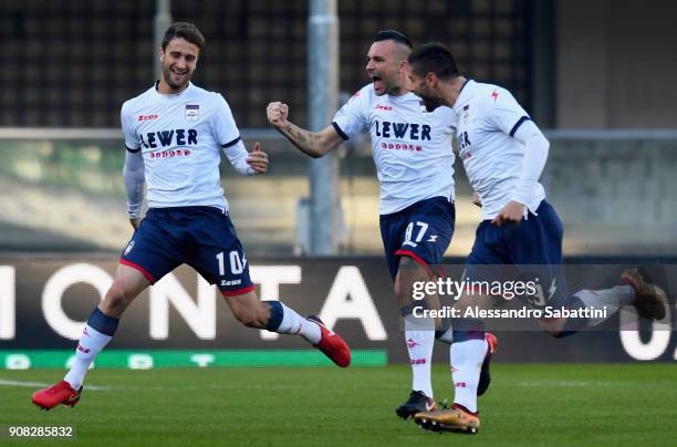 Andrea Barberis of FC Crotone celebrates after scoring the opening goal during the serie A match between Hellas Verona FC and FC Crotone at Stadio...