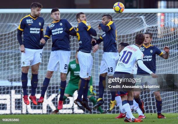 Andrea Barberis of FC Crotone scores the opening goal during the serie A match between Hellas Verona FC and FC Crotone at Stadio Marc'Antonio...