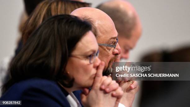 Martin Schulz , leader of Germany's social democratic SPD party, and German Labour and Social Minister Andrea Nahles attend an extraordinary SPD...