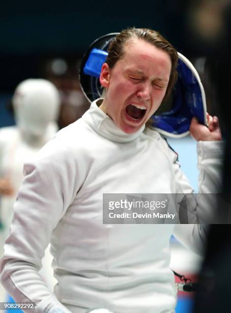 Ricarda Multerer of Germany celebrates a win during competition at the Women's Epee World Cup on January 20, 2018 at the Coliseo de la Ciudad...