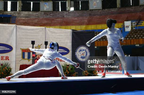 Hyein Lee of Korea fences Coraline Vitalis of France in the gold medal match at the Women's Epee World Cup on January 20, 2018 at the Coliseo de la...