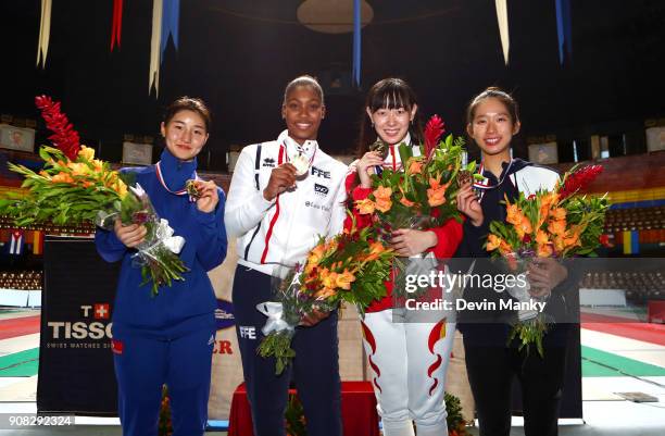 The medal podium at the Women's Epee World Cup on January 20, 2018 at the Coliseo de la Ciudad Deportiva in Havana, Cuba.