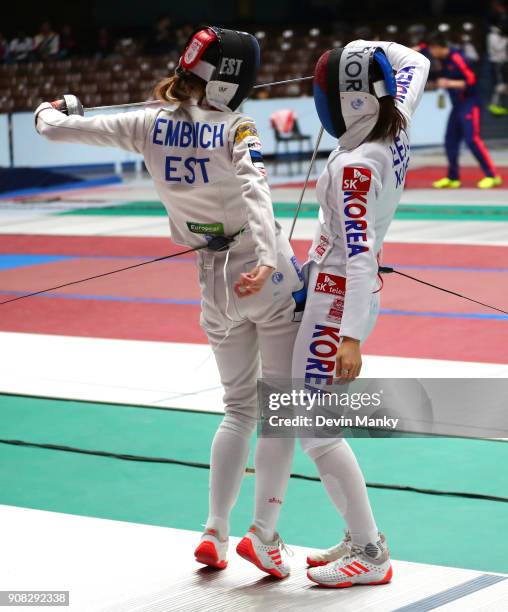 Hyein Lee of Korea fences Irina Emrbich of Estonia during competition at the Women's Epee World Cup on January 20, 2018 at the Coliseo de la Ciudad...