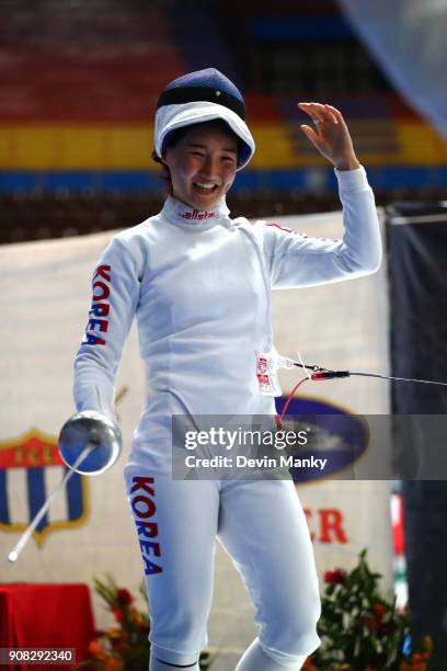 Hyein Lee of Korea celebrates a win during semi-final action at the Women's Epee World Cup on January 20, 2018 at the Coliseo de la Ciudad Deportiva...