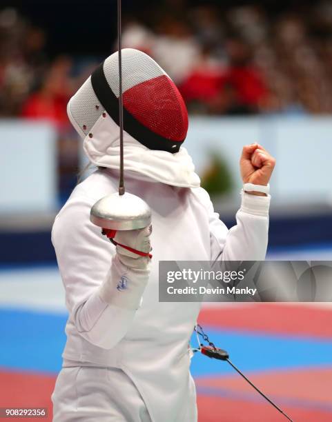 Anna Mrosczczak of Poland celebrates a winning touch during competition at the Women's Epee World Cup on January 20, 2018 at the Coliseo de la Ciudad...