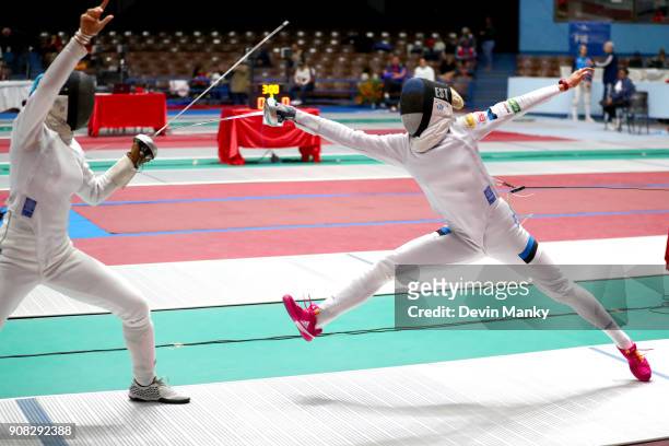 Erika Kirpu of Estonia fences Catherine Nixon of the USA during competition at the Women's Epee World Cup on January 20, 2018 at the Coliseo de la...