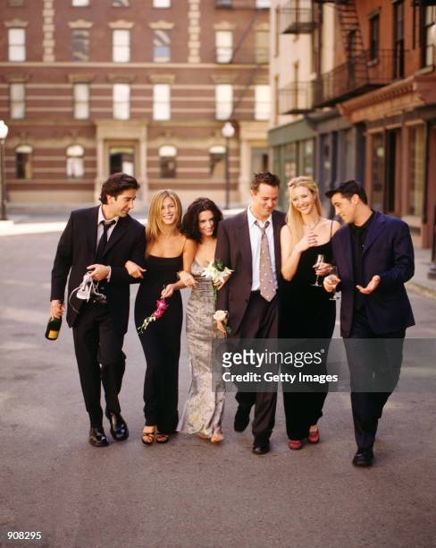 Cast members of NBC's comedy series "Friends." Pictured: David Schwimmer as Ross Geller, Jennifer Aniston as Rachel Green, Courteney Cox as Monica...