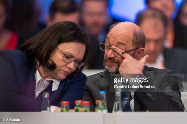 Martin Schulz , head of the German Social Democrats , and Andrea Nahles , head of the Bundestag faction of the German Social Democrats , react during...