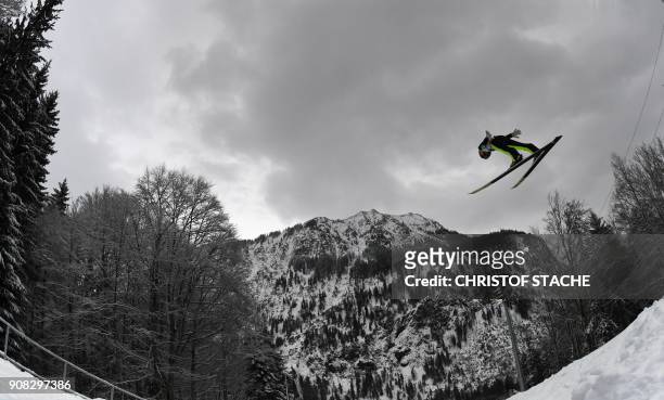 Austria's Stefan Kraft competes during his trial jump of the team competition of the ski-flying world championships in Oberstdorf, southern Germany,...