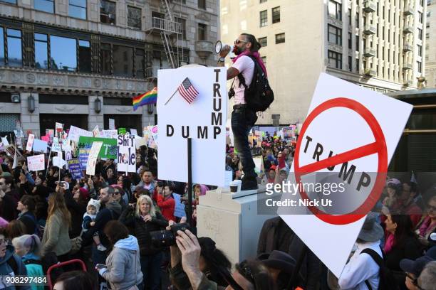 Thousands of protesters converge in downtown Los Angeles during the Women's March January 20, 2018 in Los Angeles, California. Marchers sought to...