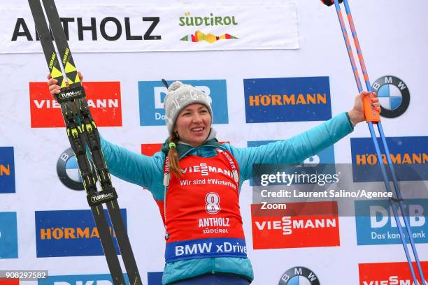 Darya Domracheva of Belarus takes 1st place during the IBU Biathlon World Cup Men's and Women's Mass Start on January 21, 2018 in Antholz-Anterselva,...