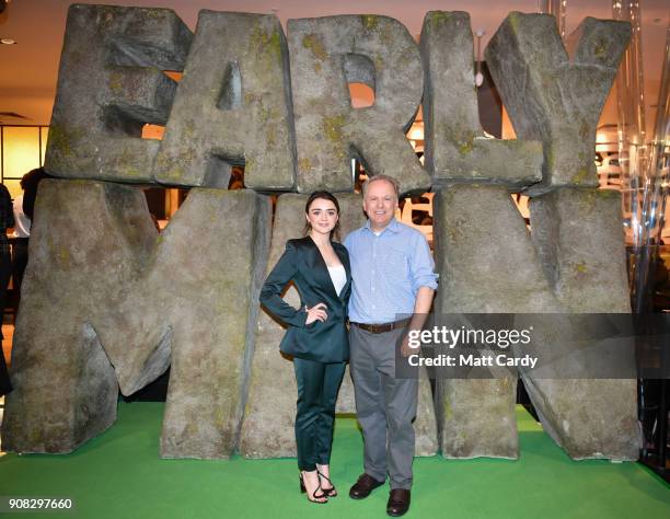 Actor Maisie Williams and director Nick Park attend the Bristol premiere of 'Early Man' at Showcase Cinema de Lux Bristol on January 21, 2018 in...