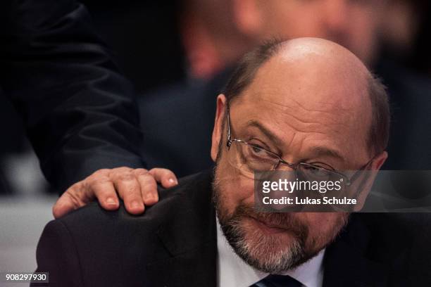 Martin Schulz, head of the German Social Democrats , reacts during the SPD federal congress on January 21, 2018 in Bonn, Germany. The SPD is holding...