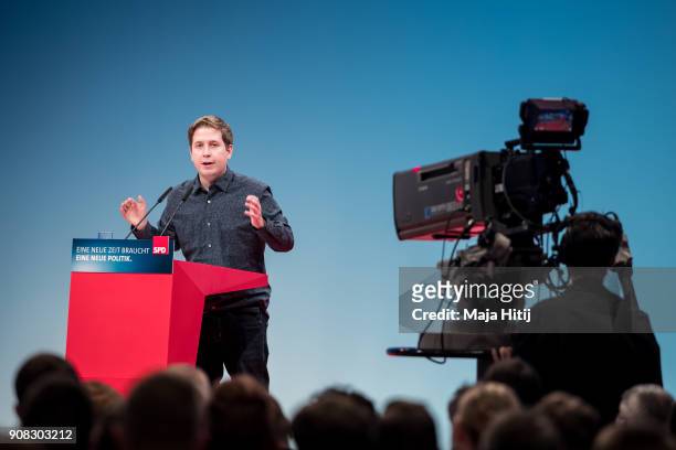 Kevin Kuehnert, leader of Germany's social democratic SPD party's youth organisation 'Jusos', speaks to delegates at the SPD federal congress on...