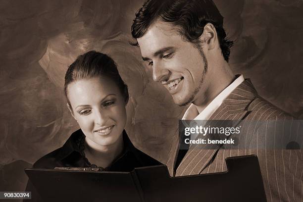 retro-stil business personen - sepia stock-fotos und bilder