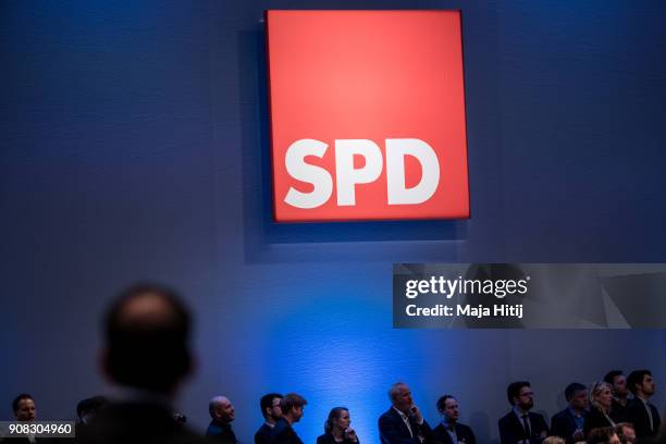 Delegates of Germany's social democratic SPD stand at the SPD federal congress on January 21, 2018 in Bonn, Germany. The SPD is holding the congress...