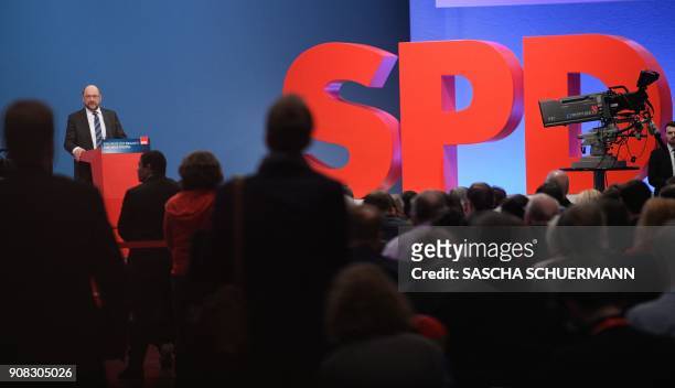 Martin Schulz, leader of Germany's social democratic SPD party, speaks to delegates during an extraordinary SPD party congress in Bonn, western...