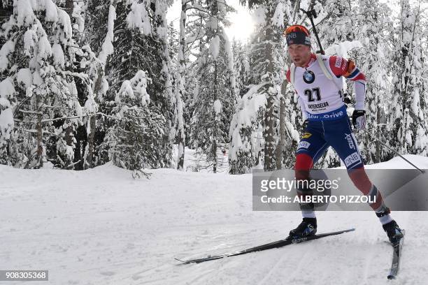 Third placed Erlend Bjoentegaard of Norway competes in the Men 15 km Mass Start Competition of the IBU World Cup Biathlon in Anterselva on January...
