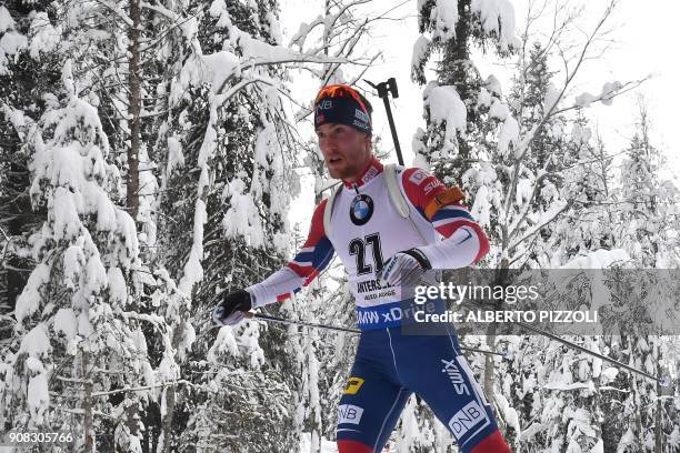 Third placed Erlend Bjoentegaard of Norway competes in the Men 15 km Mass Start Competition of the IBU World Cup Biathlon in Anterselva on January...