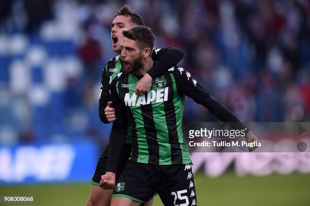 Domenico Berardi of Sassuolo celebrates after scoring the equalizing goal during the serie A match between US Sassuolo and Torino FC at Mapei Stadium...