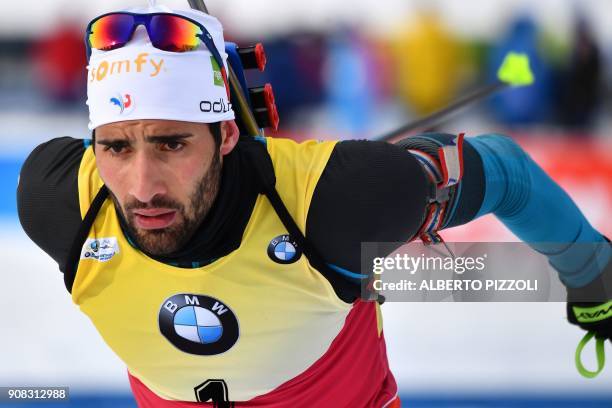 Martin Fourcade of France competes in the Men 15 km Mass Start Competition of the IBU World Cup Biathlon in Anterselva on January 21, 2018. Martin...