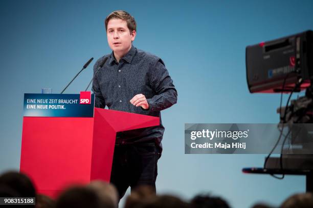 Kevin Kuehnert, leader of Germany's social democratic SPD party's youth organisation 'Jusos', speaks to delegates at the SPD federal congress on...