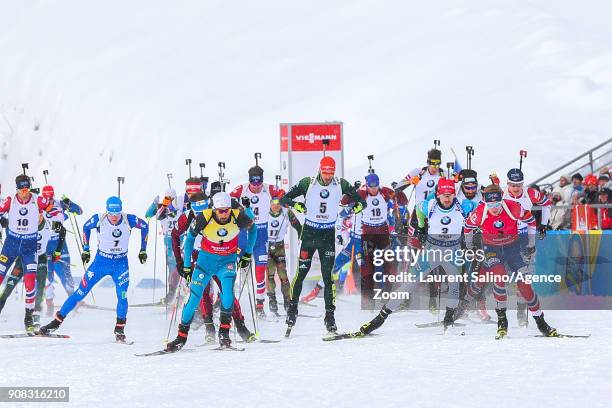 Martin Fourcade of France takes 1st place, Johannes Thingnes Boe of Norway competes, Tarjei Boe of Norway takes 2nd place, Emil Hegle Svendsen of...