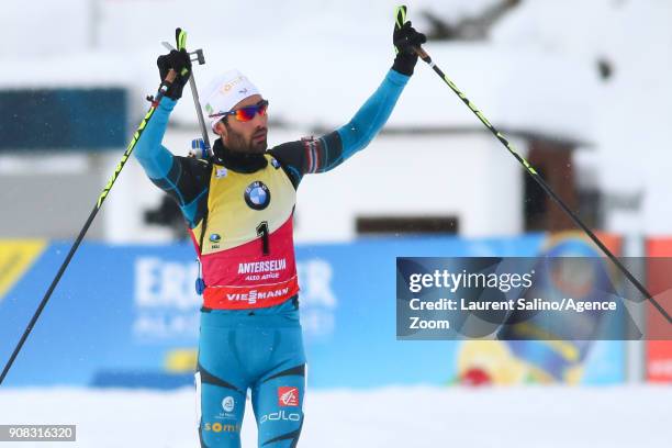 Martin Fourcade of France takes 1st place during the IBU Biathlon World Cup Men's and Women's Mass Start on January 21, 2018 in Antholz-Anterselva,...