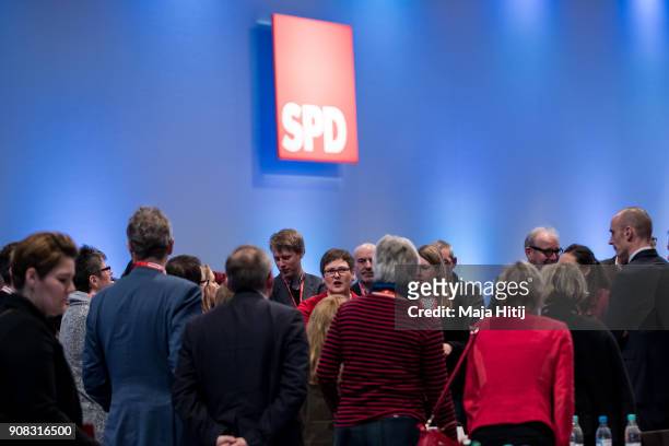 Delegates talk prior the SPD federal congress on January 21, 2018 in Bonn, Germany. The SPD is holding the congress to decide on whether to join the...