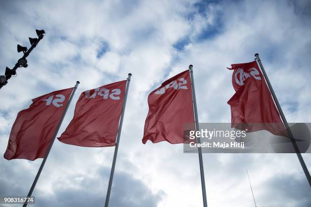 Flags of of Germany's social democratic SPD party are seen during the SPD federal congress on January 21, 2018 in Bonn, Germany. The SPD is holding...