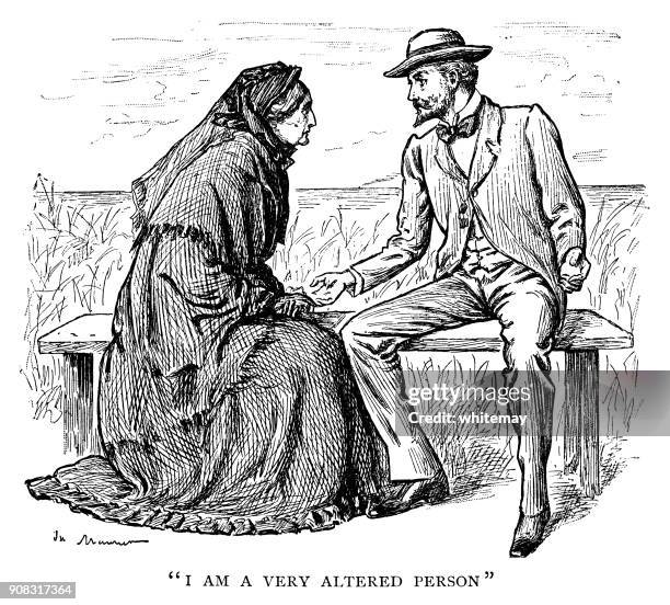elderly victorian lady talking to a younger man on a clifftop bench - cliff side stock illustrations
