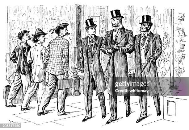 drei oberklasse viktorianischen herren vorbei an drei mittelklasse-männer auf der straße - mittelstand stock-grafiken, -clipart, -cartoons und -symbole
