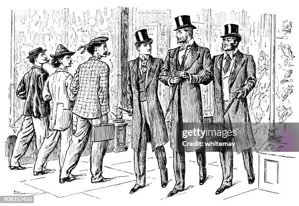 ilustrações de stock, clip art, desenhos animados e ícones de three upper-class victorian gentlemen passing three middle-class men in the street - cartola