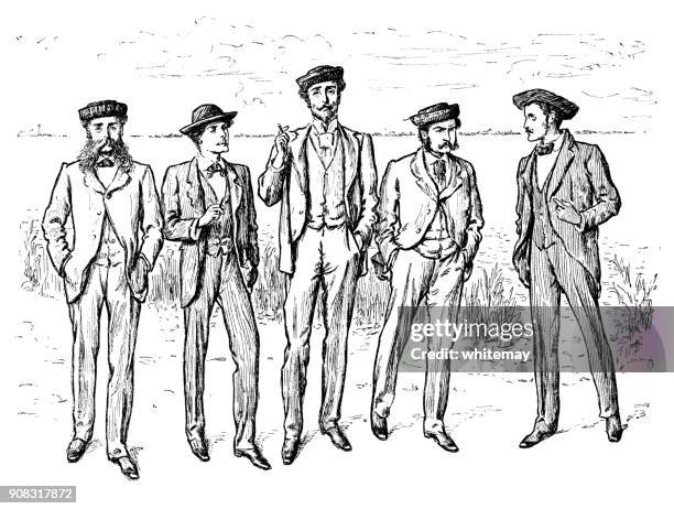 five bewhiskered victorian men standing in a line - cigar smokers stock illustrations