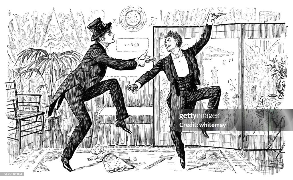 Dos caballeros victorianos bailando una jiga