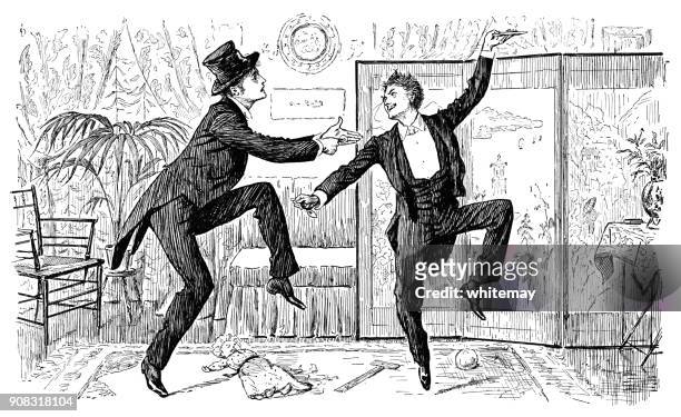 bildbanksillustrationer, clip art samt tecknat material och ikoner med två viktorianska herrar dans en jigg - victorian style